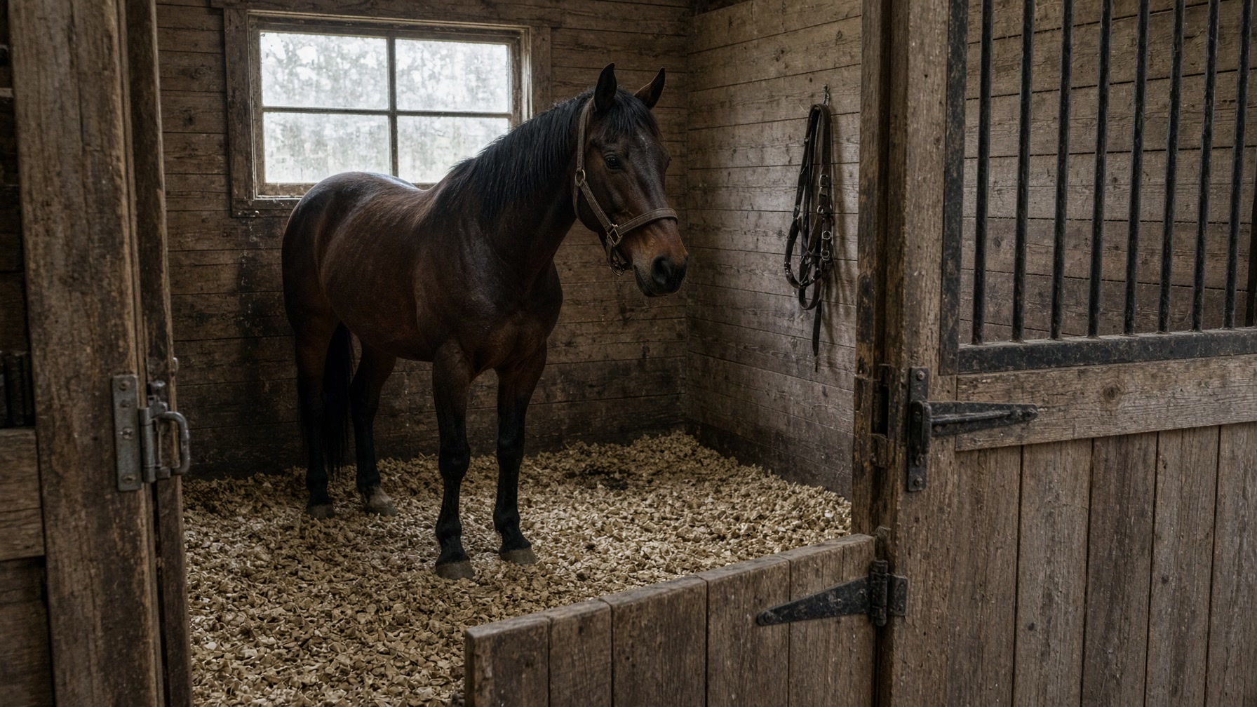 A horse standing in a stall bedded in hemp hurd